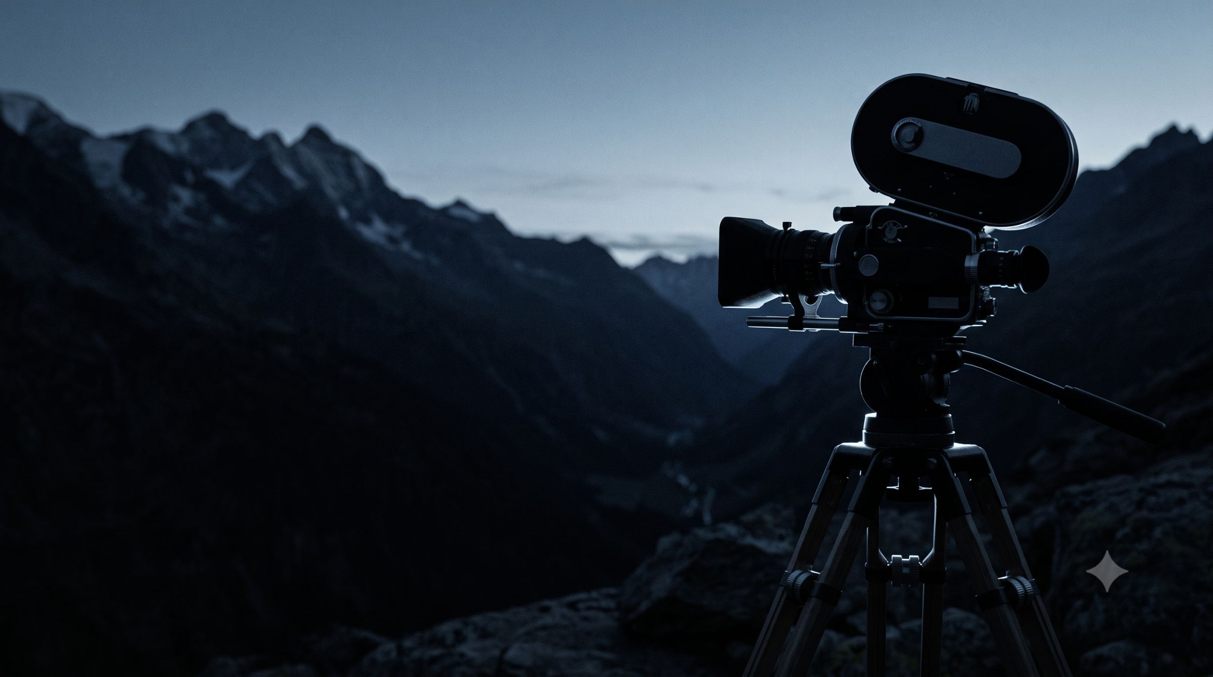 Silhouette d'une caméra sur trépied face à une vallée alpine à la nuit tombante