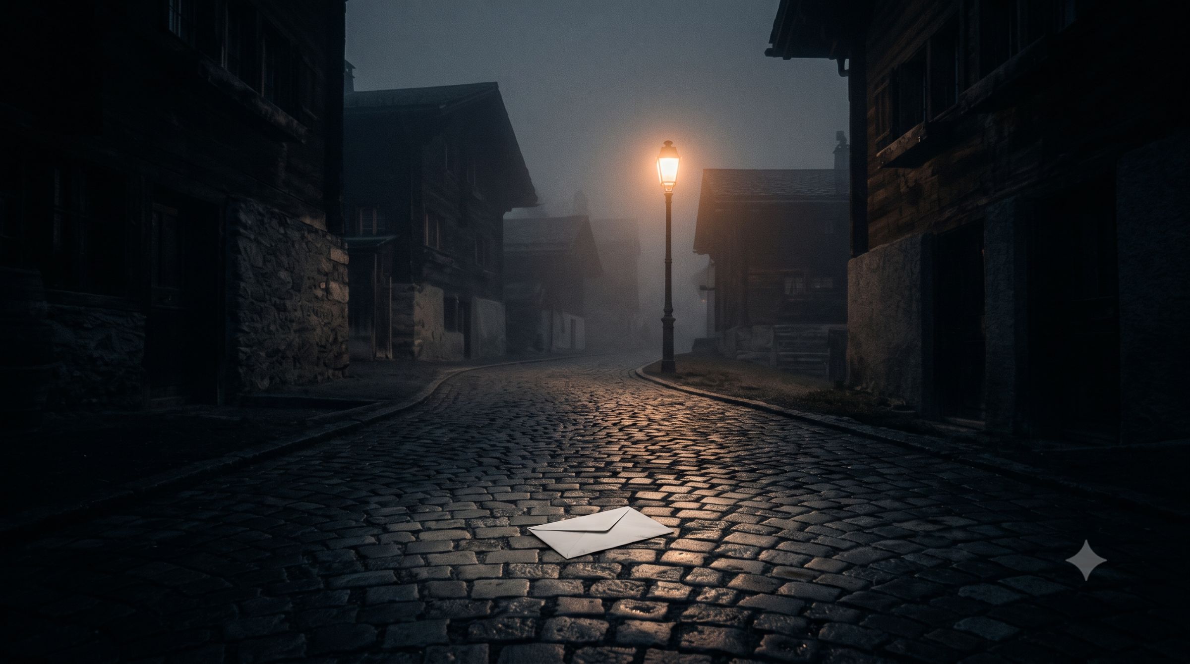 Une rue de village alpin la nuit, brume et réverbère — Goldimatt, 1970
